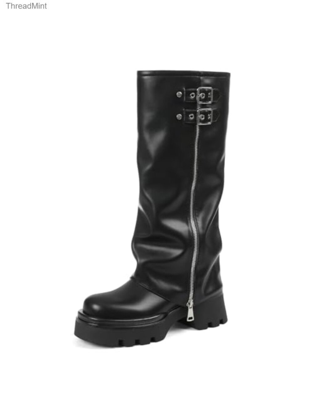 Fold Over Knee High Combat Platform Boots Faux Leather Chunky Sole Women Gothic